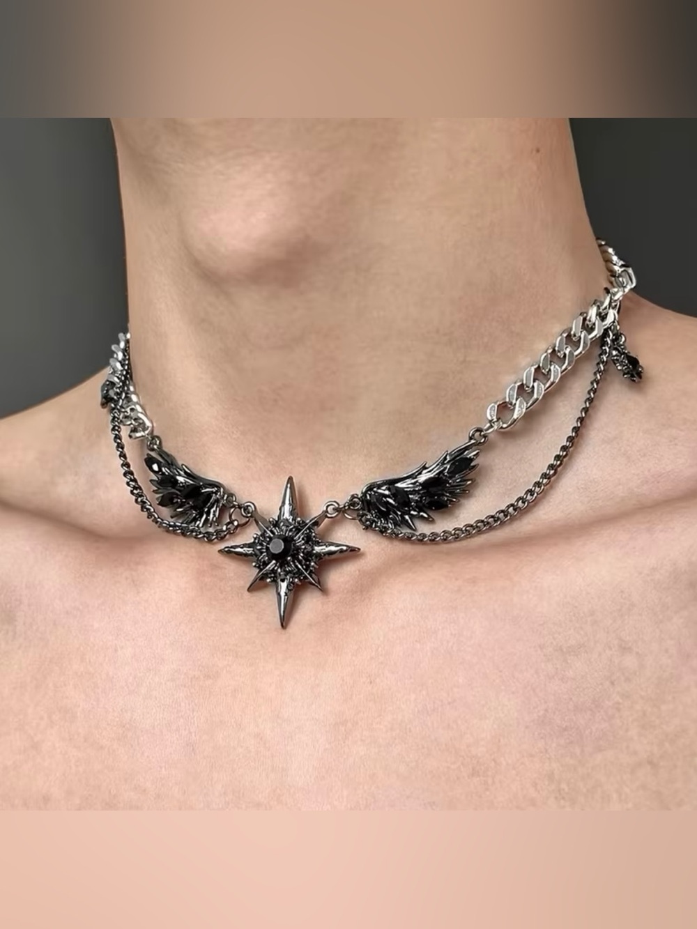 New! Unisex Black Winged Star Chain Necklace. Bohemian